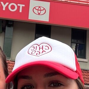 White and Red Trucker Hat with CHICAGO Logo